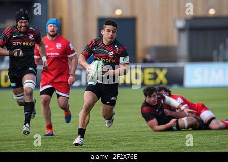 LONDON, GROSSBRITANNIEN. 13th, März 2021. Juan Pablo Scocino von Saracens in Aktion während des Greene King IPA Championship Rugby Match zwischen Saracens und Jersey Reds im Stonex Stadium am Samstag, den 13. März 2021. LONDON ENGLAND. Kredit: Taka G Wu/Alamy Live Nachrichten Stockfoto