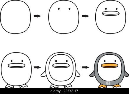 Wie man ovale Form verwendet, um niedliche Tiere zu zeichnen :Pinguin Stock Vektor