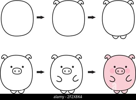 Wie man ovale Form verwendet, um niedliche Tiere zu zeichnen : Schwein Stock Vektor
