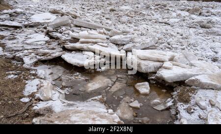 Riesige Eisladungen treiben im Fluss Ogre, Lettland. Staus auf dem Fluss im Frühling. Ein großer Haufen bewegter Eisblöcke Stockfoto