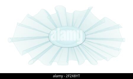 Elegante türkisgrüne Rüschen mit ovalem Knopf. Schleier, Musselin geraffte Schleife. Pastellfarbene Stilisierung eines altmodischen Artikels. Vektorlinien-Grafik-Muster Stock Vektor