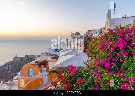 Sonnenuntergang über dem Dorf Oia auf Santorini, Griechenland Stockfoto