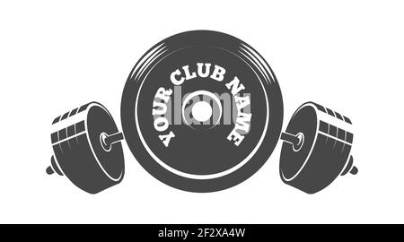 Gym Fitness oder Athletic Club Emblem mit Langhantel Gewicht in Gravur-Stil gezeichnet. Vektorgrafik. Stock Vektor