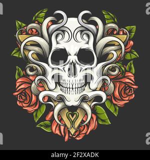 Tattoo von Totenkopf und Rosenblumen auf Dreieck-Form isoliert auf schwarzem Hintergrund. Vektorgrafik. Stock Vektor