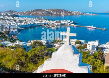 Panoramablick über Mykonos in Griechenland Stockfoto