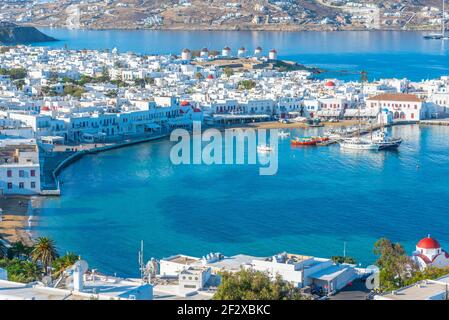 Panoramablick über Mykonos in Griechenland Stockfoto