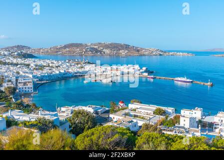 Panoramablick über Mykonos in Griechenland Stockfoto