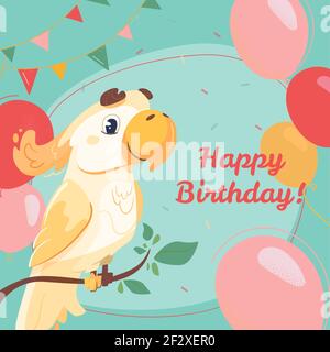Glückwunschkarte mit gelbem Kakadu. Vektor-Postkarte im Cartoon-Stil mit einem niedlichen Papagei und einer festlichen Inschrift. Der Vogel, Bälle und Konfetti auf grünem Hintergrund. Stock Vektor