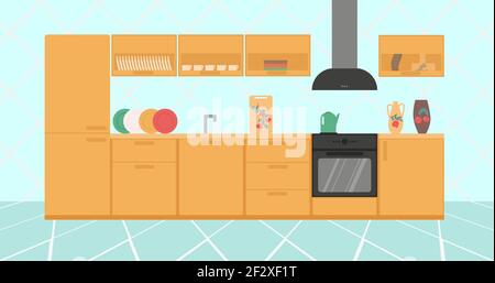 Elegante helle Küche mit Kochgeschirr und Ausstattung. Farbenfrohe Vektorgrafik. Stock Vektor