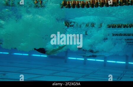 Schwimmer tauchen in ein Schwimmbad für ein Rennen während eines Schwimmmeet. Stockfoto