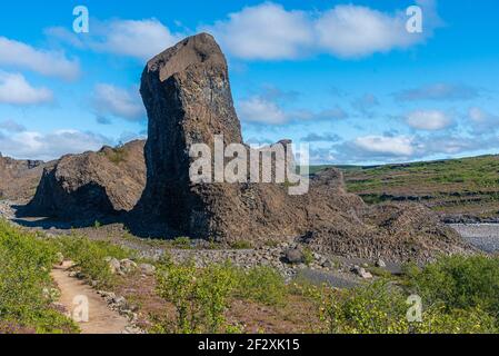 Hexagonales Basaltgestein bei Hljodaklettar auf Island Stockfoto