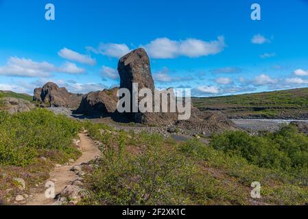 Hexagonales Basaltgestein bei Hljodaklettar auf Island Stockfoto