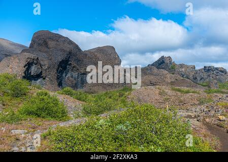 Hexagonales Basaltgestein bei Hljodaklettar auf Island Stockfoto