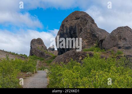 Hexagonales Basaltgestein bei Hljodaklettar auf Island Stockfoto