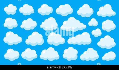 Abstrakte weiße niedliche Wolken auf blauem Himmel Hintergrund isoliert gesetzt. Verschiedene runde Formen Wolke Symbol Sammlung. Flat Cartoon Stil Web-Banner mit Licht und Schatten. Denken Sie an Sprechblasenkonzept Stock Vektor