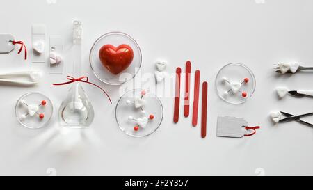 Chemie der Liebe. Kreative flache Lay auf weißem Papier. Draufsicht mit chemischen Glaswaren, Petrischalen, Liebesmolekülen, Zuckerherzen, Scheren, Pinzette Stockfoto