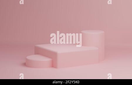 Rosa Pastell Rechteck Würfel und Zylinder Produkt Schaustelltisch auf dem Hintergrund. Abstraktes Konzept der minimalen Geometrie. Studio Podium Plattform. Ausstellung PR Stockfoto