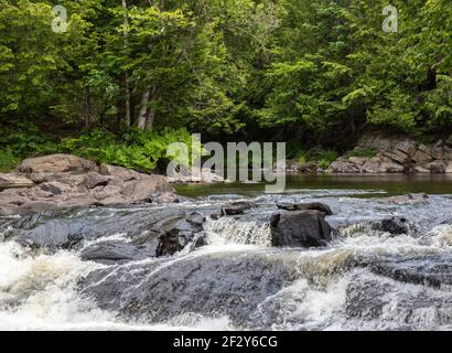 Wasser, das im späten Frühjahr über Felsen in einem Fluss hinabstürzt Stockfoto