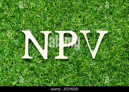 Alphabet letter in word NPV (Abbreviation of net present value) on green grass background Stockfoto