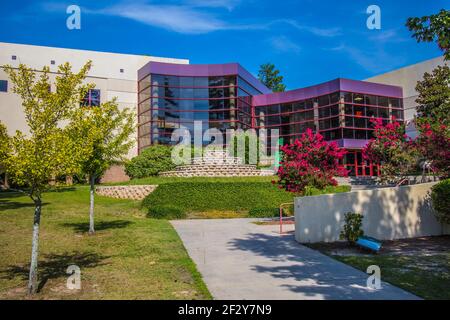 Augusta, GA / USA - 07 04 20: Ein modernes Gebäude mit violettem Fensterrahmen Stockfoto