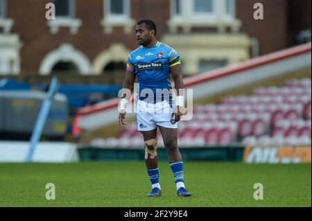 Gloucester, Großbritannien. März 2021, 13th. Kini Murimurivalu #11 von Leicester Tigers während des Spiels in Gloucester, UK am 3/13/2021. (Foto: Gareth Dalley/News Images/Sipa USA) Quelle: SIPA USA/Alamy Live News Stockfoto