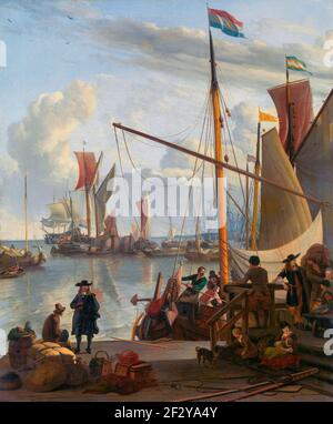 Marine Pier in Amsterdam an einem sonnigen Sommertag. Mehrere Reisende mit Gepäck warten auf dem Damm. Es gibt mehrere große Boote und kleine Stockfoto