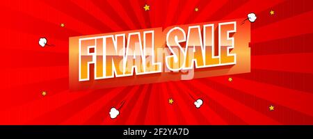 Endverkauf. Vintage-Text auf rotem Banner. Vektor Retro Hintergrund mit Strahlen und Halbton-Effekt. Vorlage für Site-Header. Stock Vektor