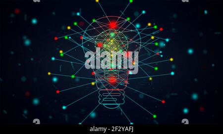 Glühbirne Verbindung und Kommunikationskonzept. Bunte Punkte miteinander verbunden durch blaue Linien im Raum Teilchen Hintergrund. Technologie. Stockfoto