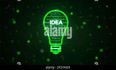 Konzept Der Business Bulb-Idee. Worte in der Glühbirne Licht mit grünen Neon-Farbe. Business Innovation und Inspiration Ideen. Kreatives Konzept Idee busine Stockfoto
