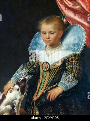 Porträt eines Mädchens, bekannt als 'die kleine Prinzessin'. Kniepolster, stehend, streichelt sie mit der rechten Hand einen Hund. Stockfoto