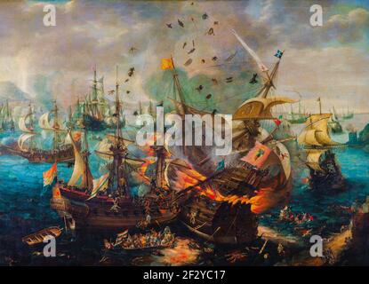 Die Detonation des spanischen Admiralschiffs während der Seeschlacht bei Gibraltar am 25. April 1607, als das spanische Kriegsschiff von einem holländischen Schiff gerammt wird. Stockfoto