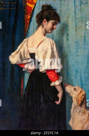 Stehende junge Frau, Blick auf den Hund Puck. Thérèse Schwartze malte dieses Modell in italienischer Tracht in ihrem Atelier in Paris. Die junge Frau Stockfoto