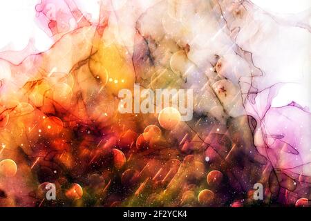 Himmelfarbe, weiße und goldene Streifen. Frostige Hintergrundpunkte. Mischen von Acrylfarben. Moderne Kunst. Marmorstruktur. Alkoholtinte Farben transluzent Stockfoto
