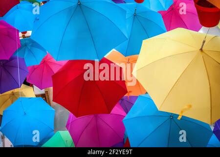 Mehrere Regenschirme in roten Töpfen an der Decke. Rot, gelb, orange, blau, pink, Violett und grün Stockfoto