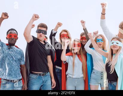 Nahaufnahme. Eine Vielzahl von jungen Menschen in Capes Superheld stehen zusammen Stockfoto