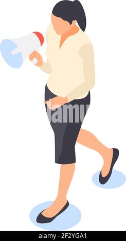 Eine Frau geht und spricht in ein Megaphon. Isoliert auf weißem Hintergrund. Isometrische Darstellung des flachen Vektorgrafikes. Stock Vektor