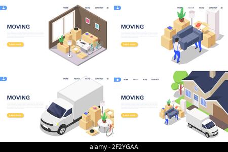 Verschieben von Bannern. Das Konzept einer Ladeseite für ein umfahrender Dienstleister. Isometrische Darstellung des flachen Vektorgrafikes. Stock Vektor