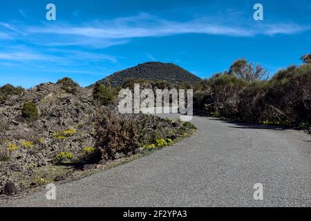 Kurvenreiche Straße in Sizilien durchquert vulkanische Landschaft aus alter Lava Fluss und alten Kegel des Vulkans bedeckt von Bäumen gegen Blauer Himmel im Ätna Park Stockfoto