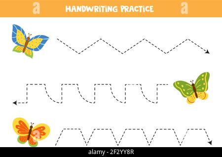 Tracing Linien für Kinder mit bunten Schmetterlingen. Handschriftpraxis für Kinder. Stock Vektor