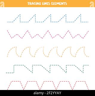 Tracing-Linien-Elemente für die Erstellung von Arbeitsblättern. Handschriftsübungen für Kinder. Stock Vektor
