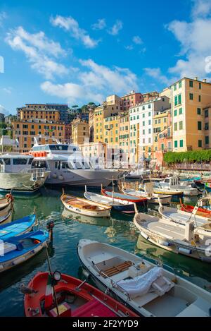 Der Hafen ist das Herz der malerischen Stadt Canogli, im östlichen Teil von Ligurien, Italien. Es ist ein kleiner Hafen, der mit traditionellen Booten überfüllt ist Stockfoto