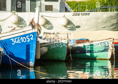 Traditionelle hölzerne Fischerboote werden neben einer modernen Motoryacht im Hafen von Camogli, Italien, vertäut. Die Farben der Boote spiegeln sich im Meer wider Stockfoto