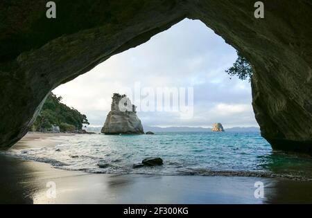 TE Hoho Rock durch einen Felsbogen bei A gesehen Küstengebiet namens Cathedral Cove im südlichen Teil von Mercury Bay auf der Coromandel Peninsula im No Stockfoto