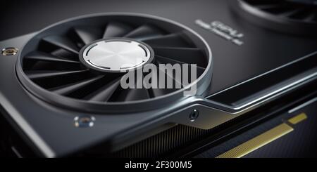 GPU-Grafikkarten-Kühler aus nächster Nähe. Moderne Gaming-Grafik-Verarbeitungseinheit. 3D Abbildung Stockfoto
