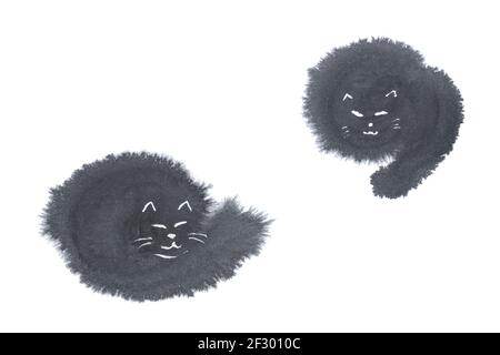 Silhouette von schlafenden schwarzen Katzen auf weißem Hintergrund, japanische natürliche schwarze Tinte Illustration, Aquarell Bild, Linie Kunst Stockfoto