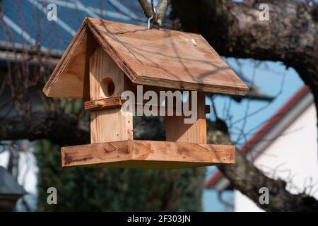 Hausgemachtes hängendes Vogelhaus auf einem Baum in der Nähe des Hauses Stockfoto