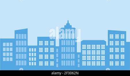 Vektorgrafik Stadt. Hochhäuser in flachem Stil. Dächer, Fenster, Wände in Blau und Blau. Hintergrund, Bildschirmschoner, Hintergrundbild Stock Vektor
