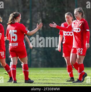 Angleur, Belgien. März 2021, 13th. Standardspieler feiern das Tor während eines weiblichen Fußballspiels zwischen Standard Femina de Liege und Sporting Charleroi am 16th Spieltag der Saison 2020 - 2021 der belgischen Scooore Womens Super League, samstag, 13. Februar 2021 in Angleur, Belgien . FOTO SPORTPIX.BE / SPP / SEVIL OKTEM Quelle: SPP Sport Press Foto. /Alamy Live Nachrichten Stockfoto