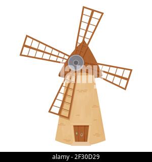 Windmühle Fee, Karikatur isoliert auf weißem Hintergrund. Retro, ländliches Gebäude, Turm mit Holzpropeller. Clipart, Designelement, ui gy-Asset. Vektor Stock Vektor