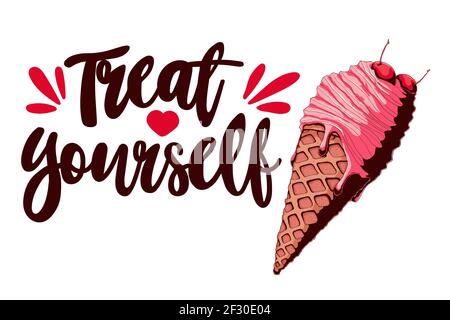 Eis und Zitat, dekorativer Hintergrund. Bunte Kulisse mit stilisierten Vektor Hand zeichnen Eis Illustration. „Treat yourself“- Illustrati Stock Vektor